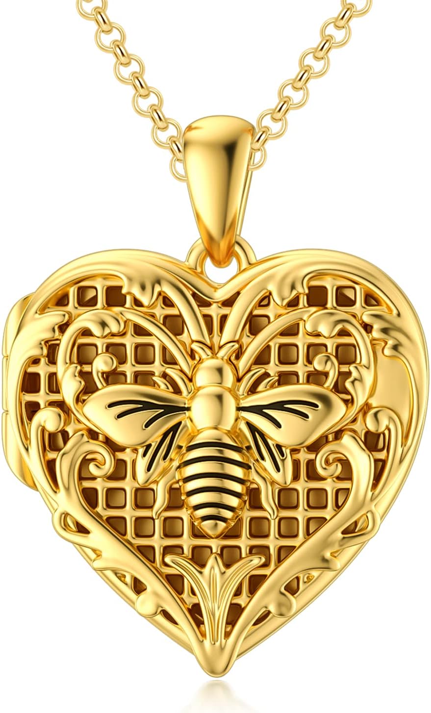 SOULMEET 10K 14K 18K Solid Gold Heart Locket That Holds Pictures Personalized Sunflower/Starburst/Cross/Rose/Wings/Lotus/Butterfly/Turtle/Celtic Locket Necklace Gift for Women Men · v2