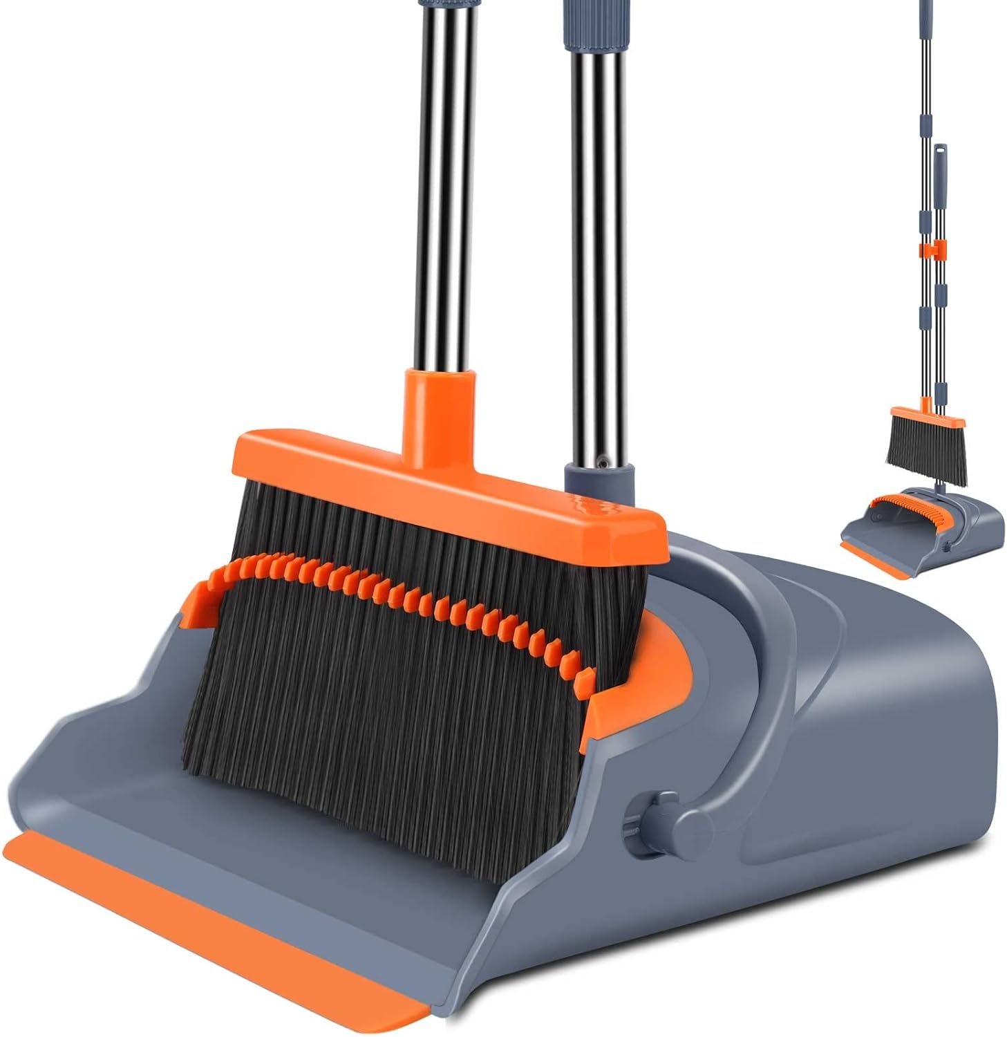 kelamayi Upgrade Broom and Dustpan Set, Self-Cleaning with Dustpan Teeth, IndoorOutdoor Sweeping, Ideal for Dog Cat Pets Home Use, Stand Up Broom and Dustpan (Grayamp;Orange)