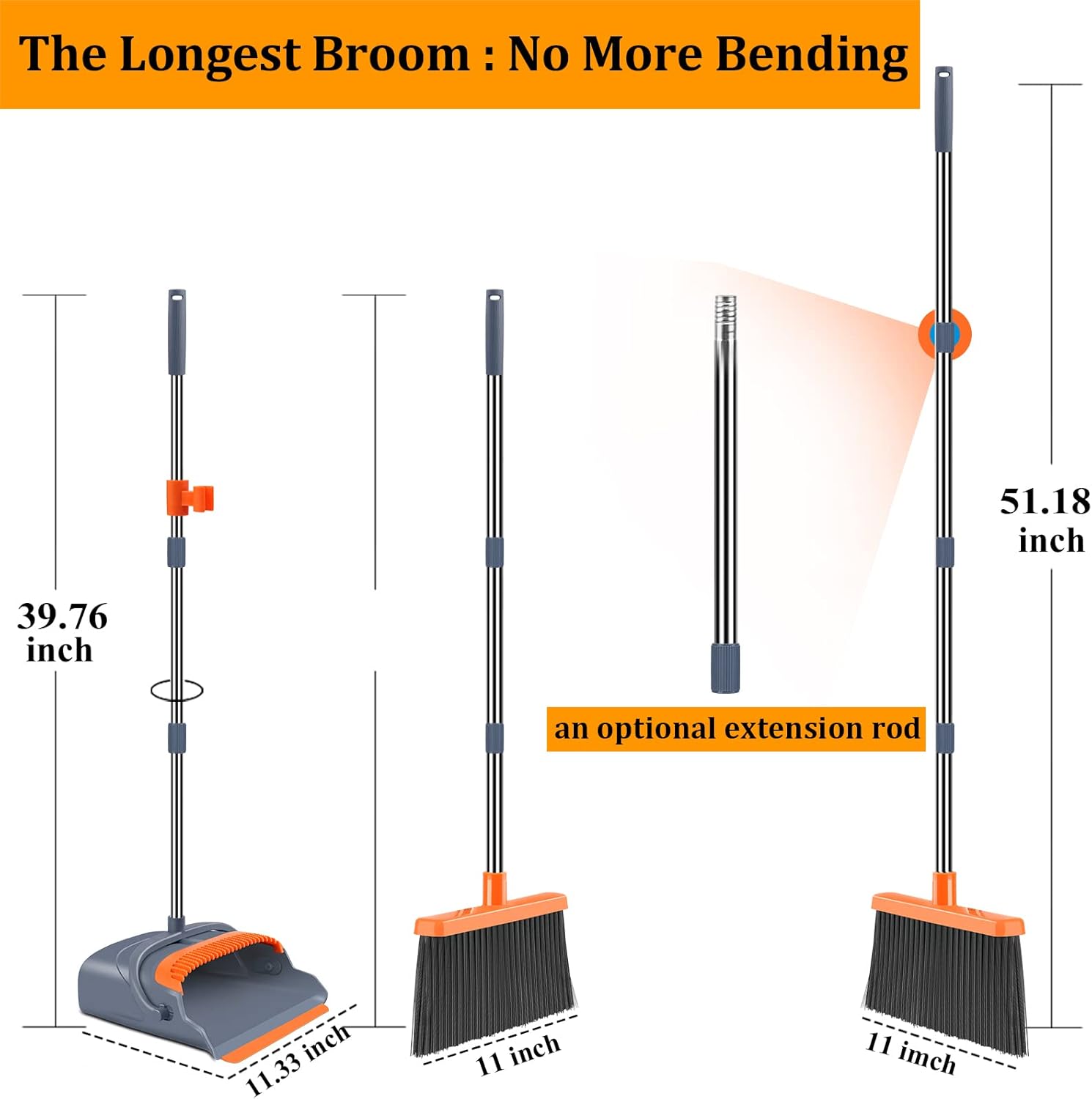 kelamayi Upgrade Broom and Dustpan Set, Self-Cleaning with Dustpan Teeth, IndoorOutdoor Sweeping, Ideal for Dog Cat Pets Home Use, Stand Up Broom and Dustpan (Grayamp;Orange)