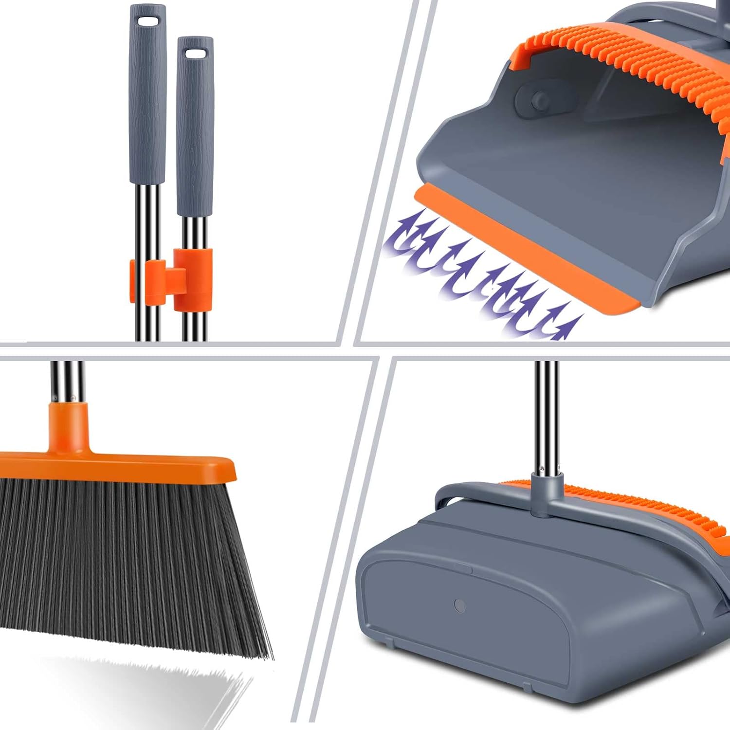 kelamayi Upgrade Broom and Dustpan Set, Self-Cleaning with Dustpan Teeth, IndoorOutdoor Sweeping, Ideal for Dog Cat Pets Home Use, Stand Up Broom and Dustpan (Grayamp;Orange)