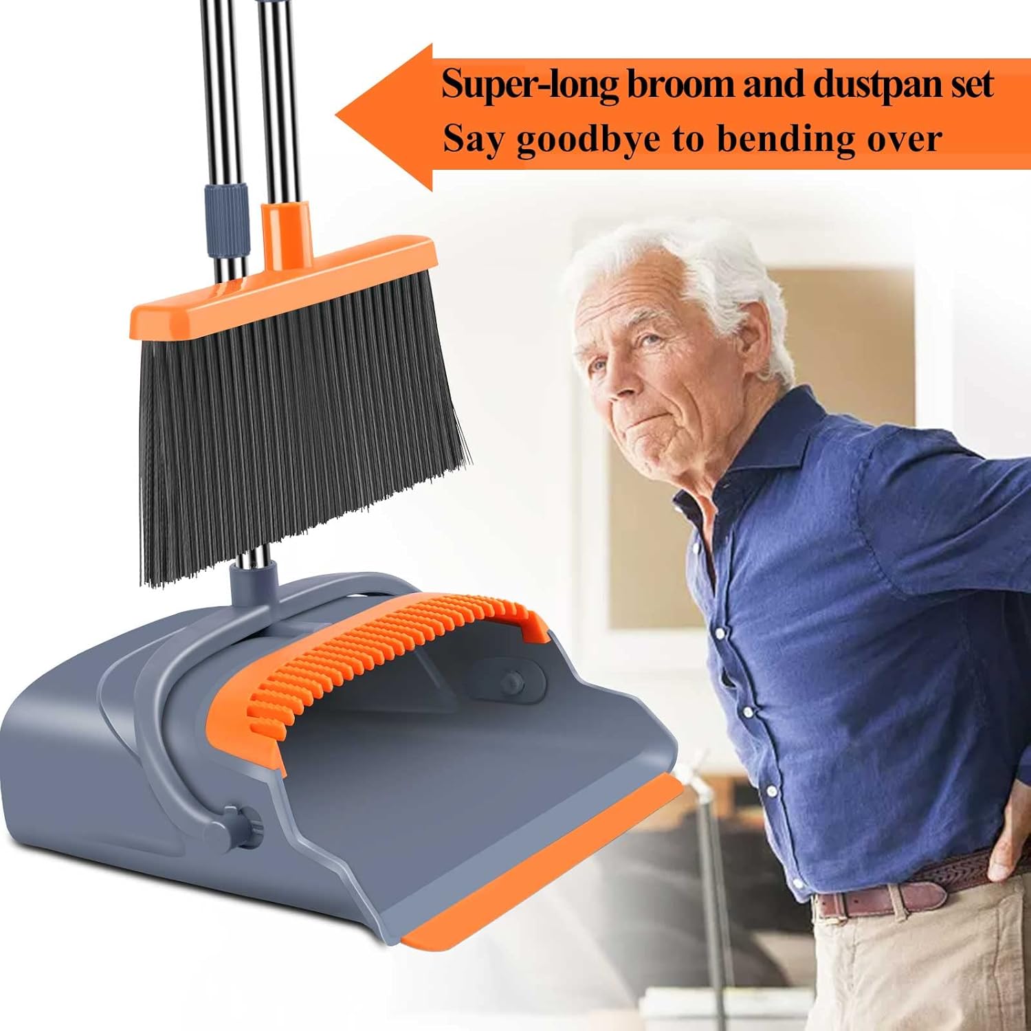kelamayi Upgrade Broom and Dustpan Set, Self-Cleaning with Dustpan Teeth, IndoorOutdoor Sweeping, Ideal for Dog Cat Pets Home Use, Stand Up Broom and Dustpan (Grayamp;Orange)