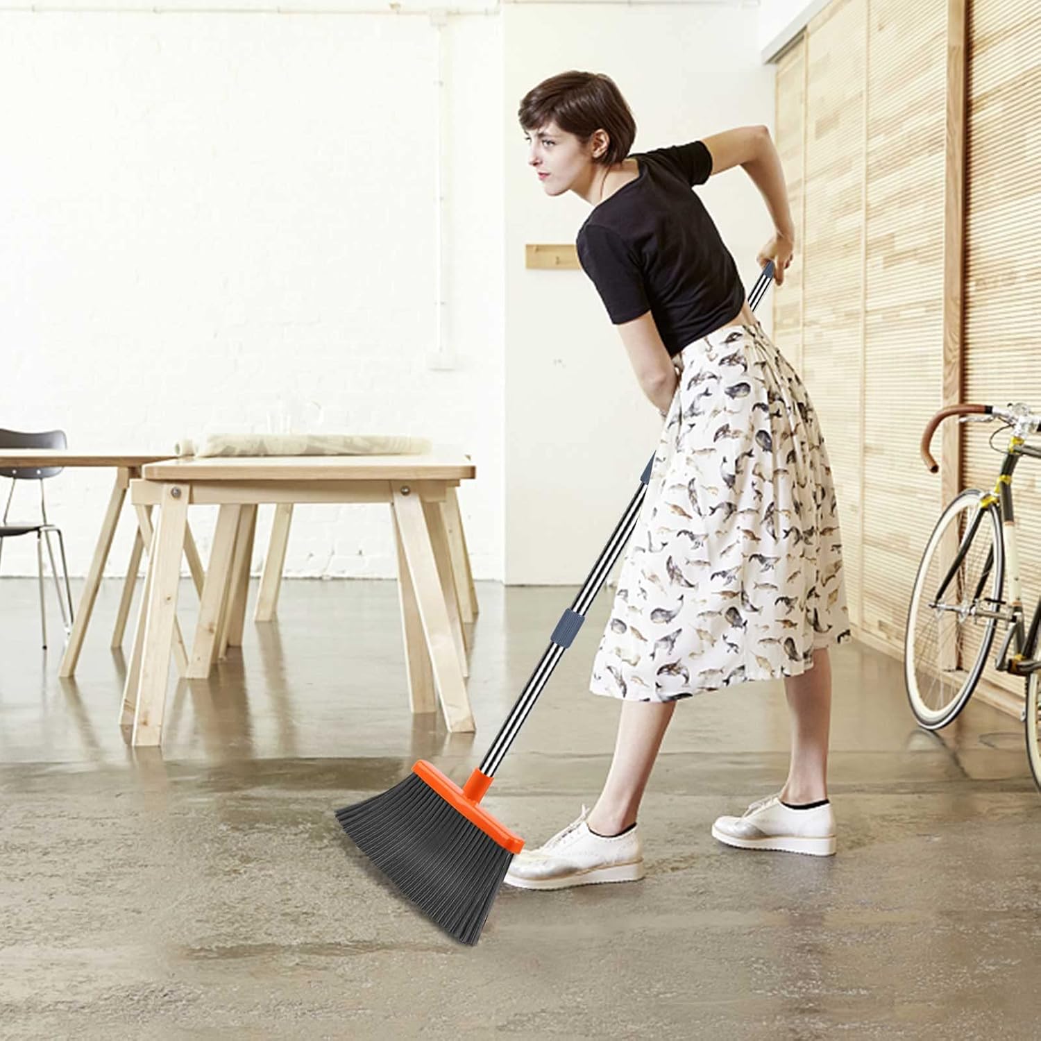 kelamayi Upgrade Broom and Dustpan Set, Self-Cleaning with Dustpan Teeth, IndoorOutdoor Sweeping, Ideal for Dog Cat Pets Home Use, Stand Up Broom and Dustpan (Grayamp;Orange)