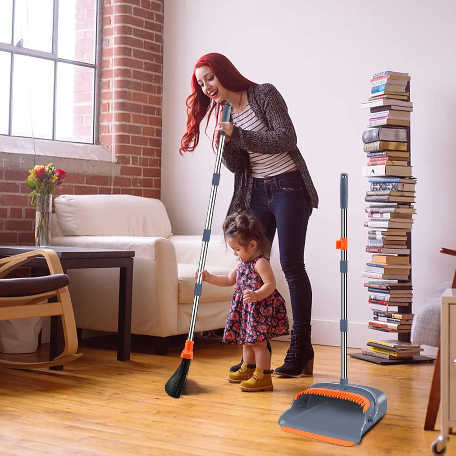 kelamayi Upgrade Broom and Dustpan Set, Self-Cleaning with Dustpan Teeth, IndoorOutdoor Sweeping, Ideal for Dog Cat Pets Home Use, Stand Up Broom and Dustpan (Grayamp;Orange)