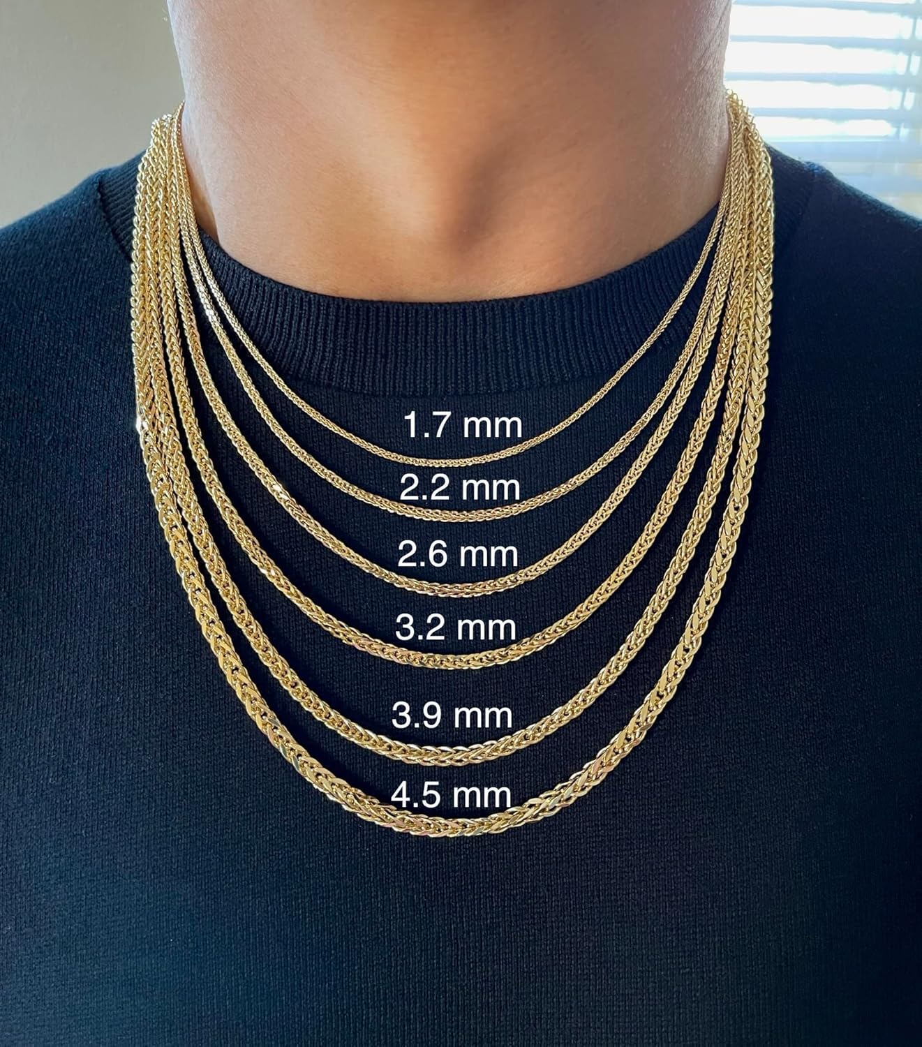 10K ve 14K Altın Kare Buğday Zinciri 1.7mm 2.2mm 2.6mm 3.2mm 3.9mm 4.5mm Sarı Gerçek Altın Zincirler Erkekler İçin Elmas Kesim Örgülü Franco Zincir Kolye Istakoz Tokalı Kadınlar İçin 16 18" 20" 22" 24"