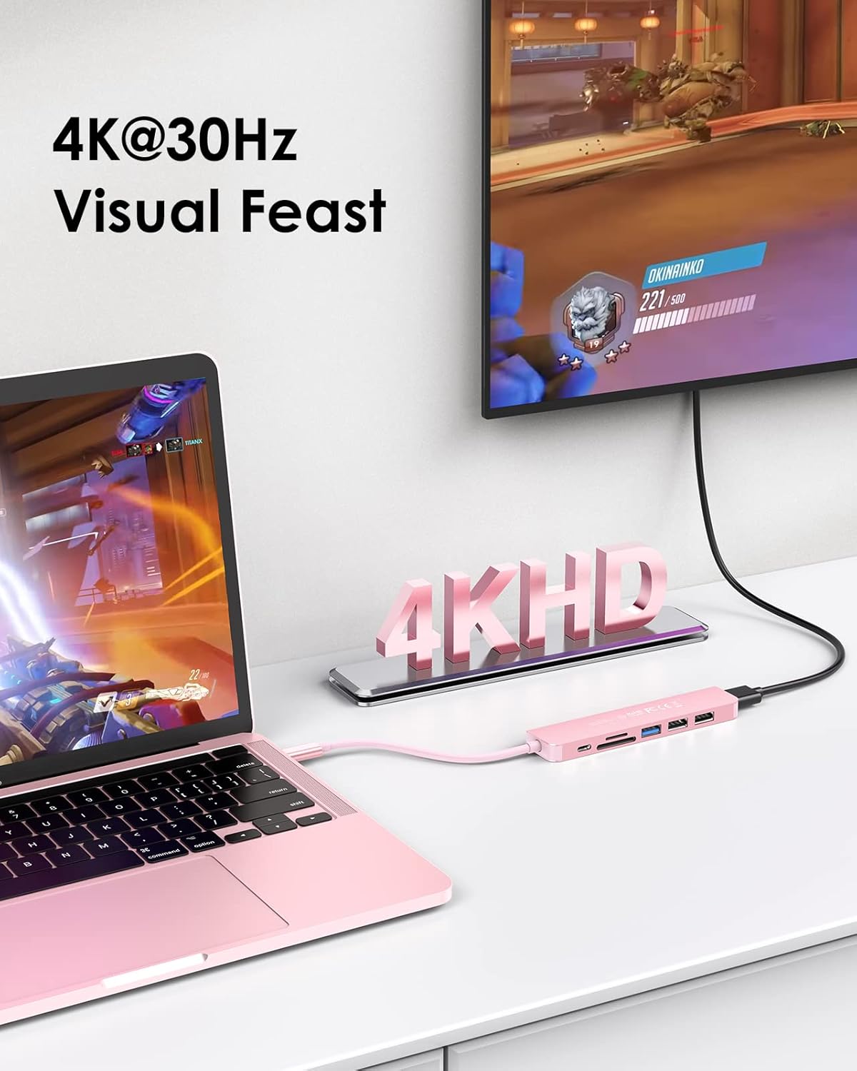 LENTION USB-C-Hub mit 100-W-Aufladung, 4K HDMI, Dual-Kartenleser, USB 3.0 2.0-kompatibles MacBook Pro 2023-2016, neuer Mac Air/Surface, Chromebook, Mehr, stabiler Treiberadapter (CB-CE18, Roségold)