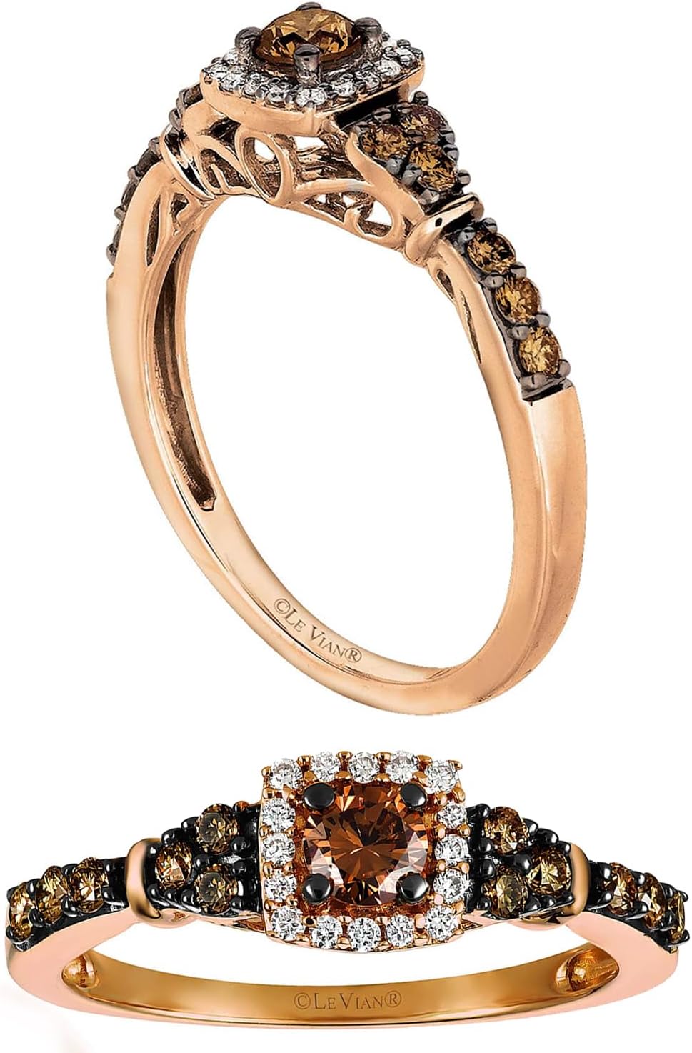 LE VIAN 1/2 Carat White and Chocolate Diamond Cushion Shaped Halo Ring for Women I 14k Rose Gold Anniversary Ring for Her (G-H/Brown, VS2-SI1, 0.46 cttw) Engagement Promise Ring Size 5 to 10.5 · v2