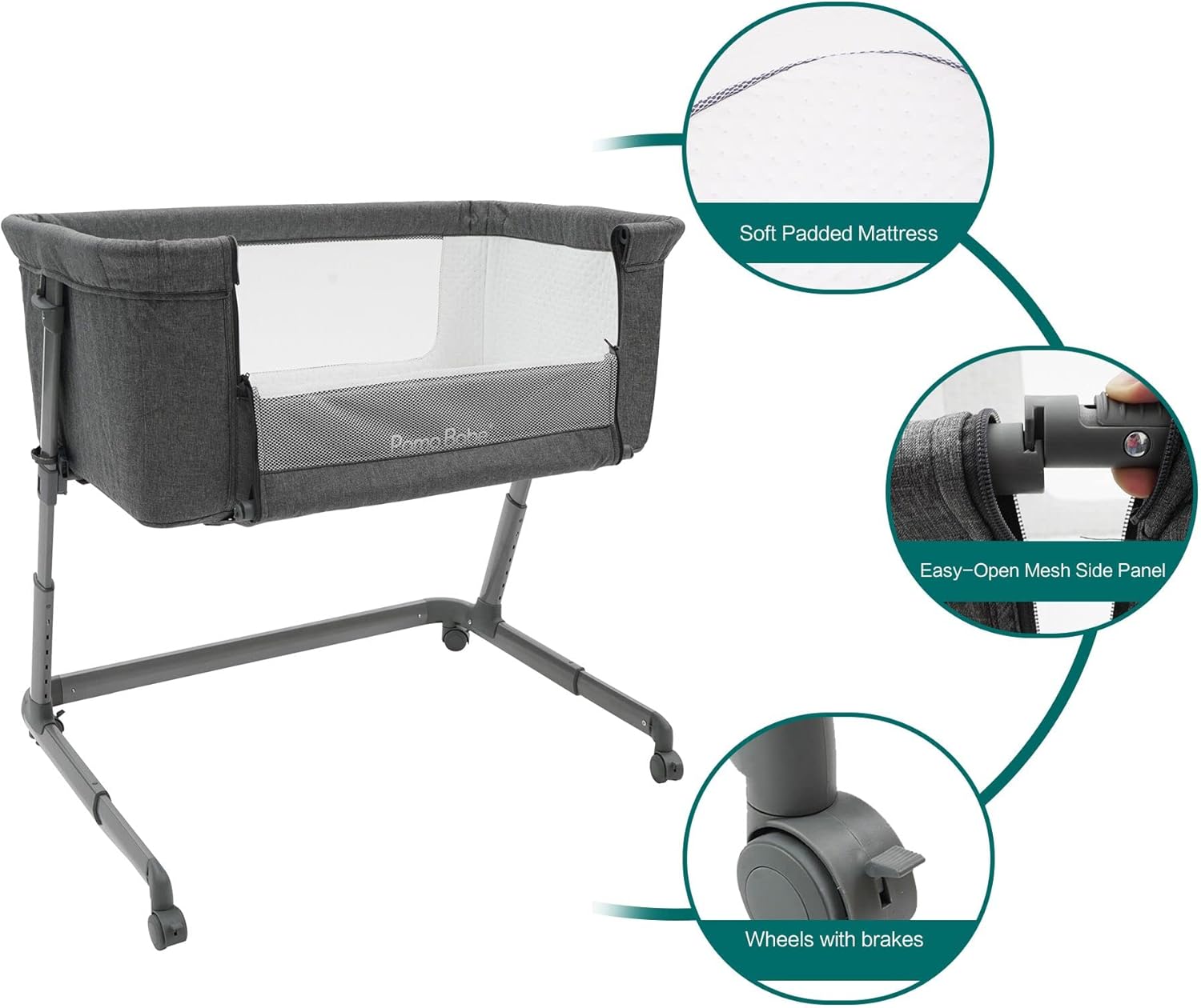 Capazo para bebé Pamo Babe junto a la cama para recién nacido, cuna con laterales de malla transpirable, cuna para dormir junto a la cama para bebés que amamantan con altura ajustable y ruedas, estructura estable tipo Z