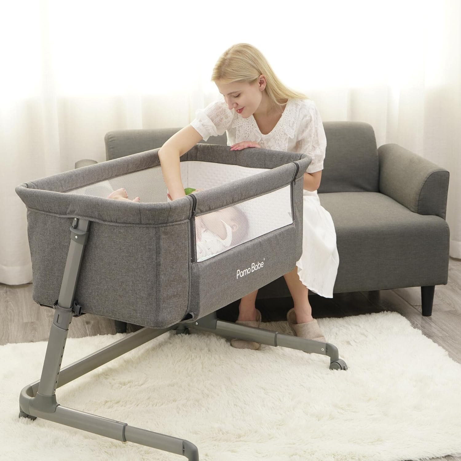 Capazo para bebé Pamo Babe junto a la cama para recién nacido, cuna con laterales de malla transpirable, cuna para dormir junto a la cama para bebés que amamantan con altura ajustable y ruedas, estructura estable tipo Z