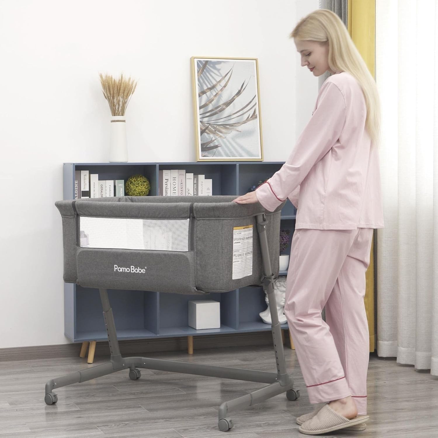 Capazo para bebé Pamo Babe junto a la cama para recién nacido, cuna con laterales de malla transpirable, cuna para dormir junto a la cama para bebés que amamantan con altura ajustable y ruedas, estructura estable tipo Z