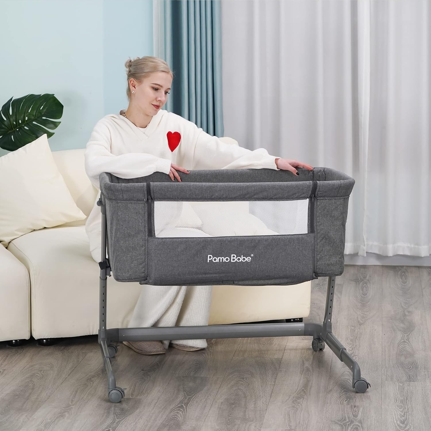 Capazo para bebé Pamo Babe junto a la cama para recién nacido, cuna con laterales de malla transpirable, cuna para dormir junto a la cama para bebés que amamantan con altura ajustable y ruedas, estructura estable tipo Z