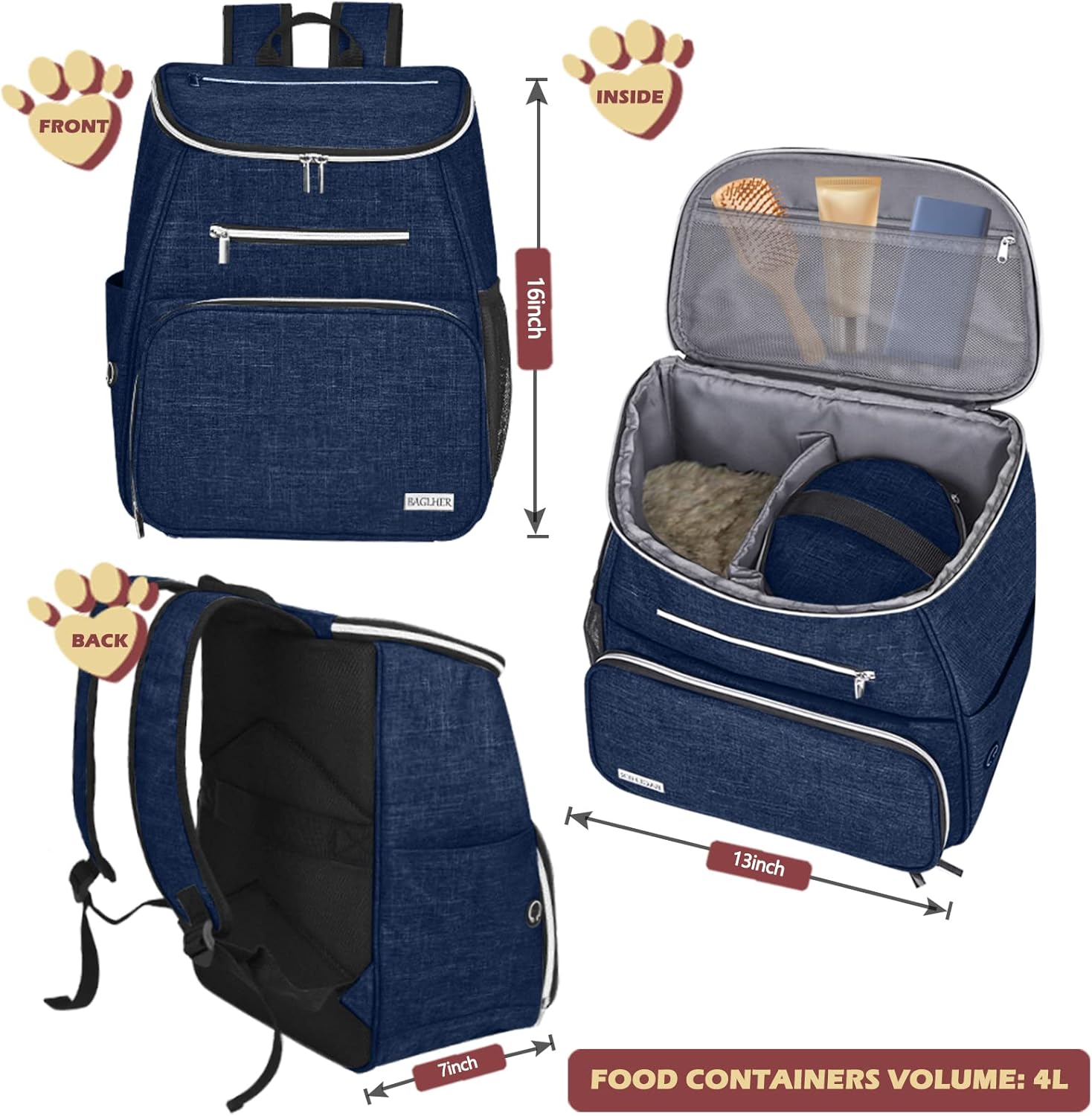 BAGLHER 丨กระเป๋าเป้สะพายหลังสำหรับเดินทางสำหรับสุนัข กระเป๋าเป้สะพายหลังสำหรับใส่ของใช้สัตว์เลี้ยงที่สายการบินรับรอง กระเป๋าเป้สะพายหลังสำหรับเดินทางสำหรับสุนัข พร้อมชามพับซิลิโคน 2 ใบและตะกร้าใส่อาหาร 2 ใบ สีน้ำเงินเข้ม