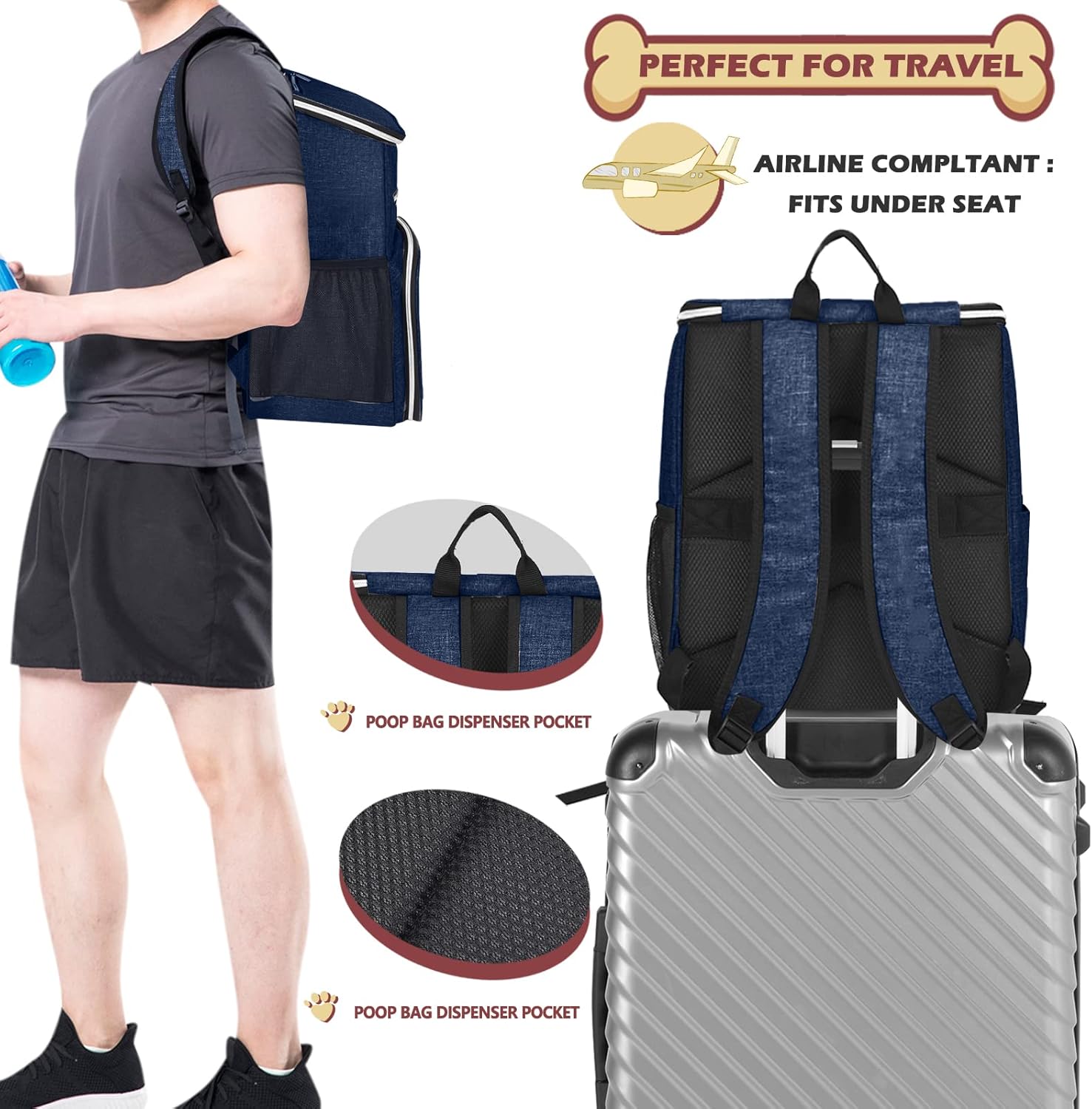 BAGLHER 丨กระเป๋าเป้สะพายหลังสำหรับเดินทางสำหรับสุนัข กระเป๋าเป้สะพายหลังสำหรับใส่ของใช้สัตว์เลี้ยงที่สายการบินรับรอง กระเป๋าเป้สะพายหลังสำหรับเดินทางสำหรับสุนัข พร้อมชามพับซิลิโคน 2 ใบและตะกร้าใส่อาหาร 2 ใบ สีน้ำเงินเข้ม