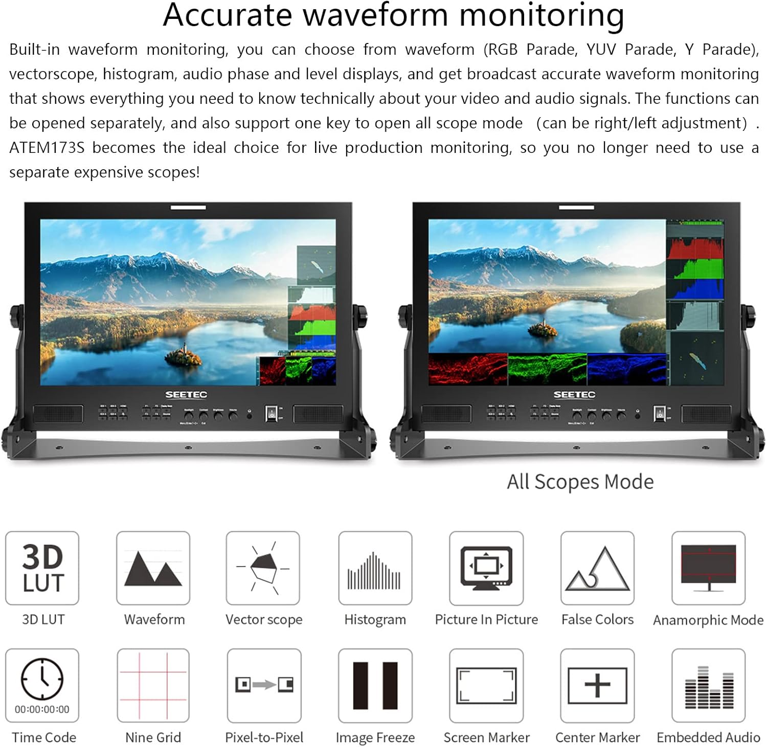 شاشة بث SEETEC ATEM173S متعددة الكاميرات مقاس 17.3 بوصة مع 4x3G-SDI ومخرج HDMI واحد وشاشة مقسمة رباعية لإنتاج تلفزيون الاستوديو بدقة Full HD 1920x1080 (ATEM173S)