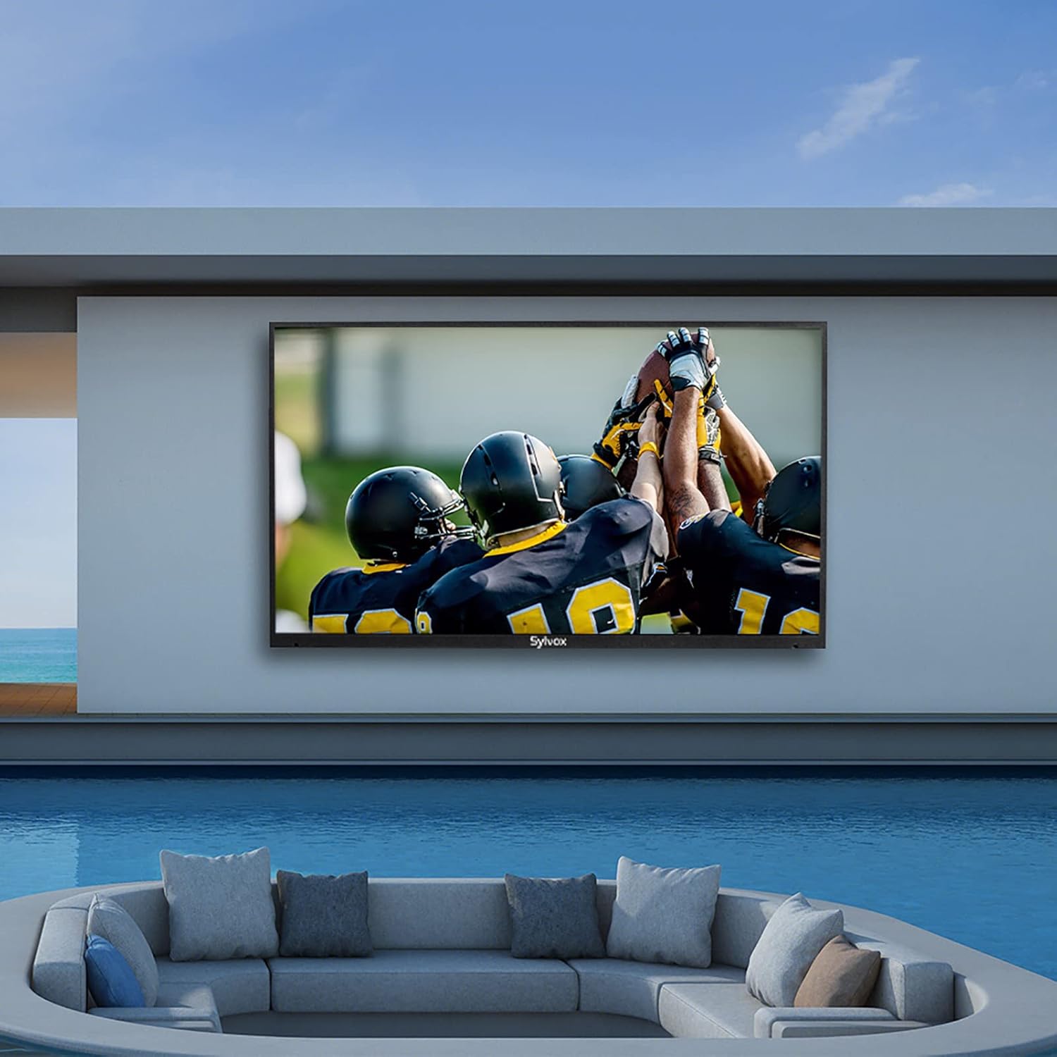 تلفزيون SYLVOX 65 بوصة خارجي مقاوم للماء بدقة 4K، IP55 1000NITS سطوع عالي يدعم اتصال Wi-Fi اللاسلكي ARC CEC، سلسلة سطح معدني مقاوم للتآكل بالكامل OT65B1KAGC، 2023
