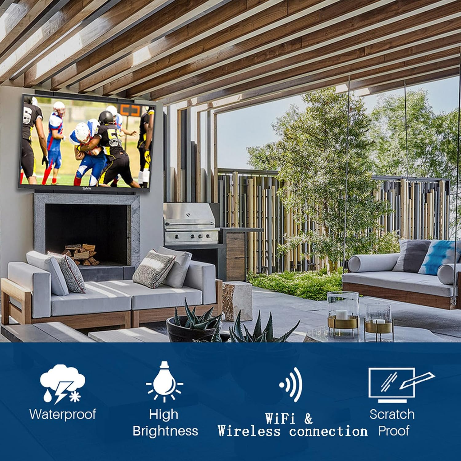 تلفزيون SYLVOX 65 بوصة خارجي مقاوم للماء بدقة 4K، IP55 1000NITS سطوع عالي يدعم اتصال Wi-Fi اللاسلكي ARC CEC، سلسلة سطح معدني مقاوم للتآكل بالكامل OT65B1KAGC، 2023