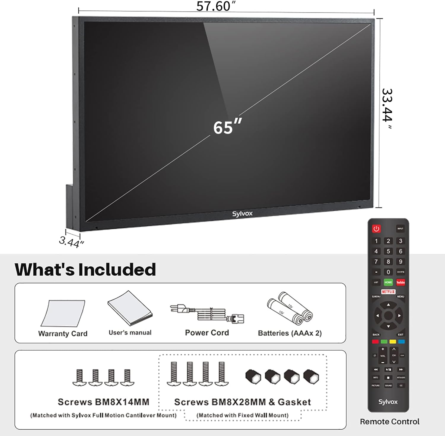 تلفزيون SYLVOX 65 بوصة خارجي مقاوم للماء بدقة 4K، IP55 1000NITS سطوع عالي يدعم اتصال Wi-Fi اللاسلكي ARC CEC، سلسلة سطح معدني مقاوم للتآكل بالكامل OT65B1KAGC، 2023