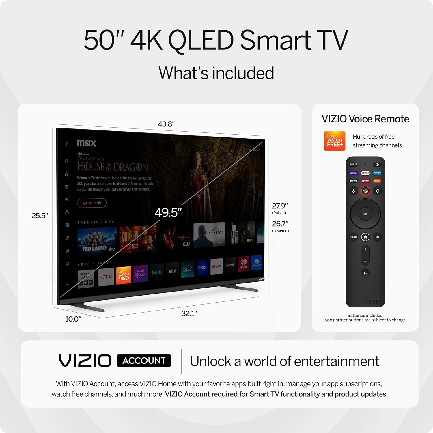 Smart TV VIZIO serie MQX 4K 120Hz QLED HDR10 da 50 pollici con Dolby Vision, Active Full Array, giochi per PC a 240 Hz a 1080p, WiFi 6E, Apple AirPlay, Chromecast integrato, M50QXM-K01, modello 2023