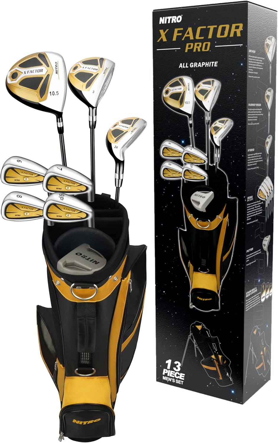 Set da golf Nitro X Factor 13 pezzi interamente in grafite da uomo, mano destra, oro/argento