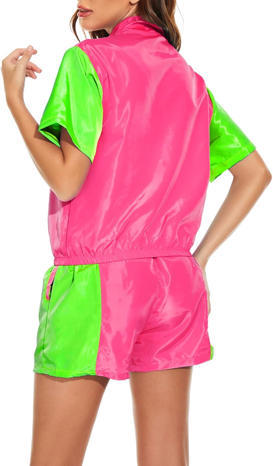 Yisfri Womens Color Block Windbreaker 2 Piece Outfits Short Sleeve Zip Front Elastic Waist Tracksuit Set · v2