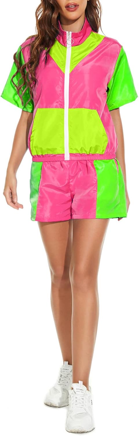 Yisfri Womens Color Block Windbreaker 2 Piece Outfits Short Sleeve Zip Front Elastic Waist Tracksuit Set · v2
