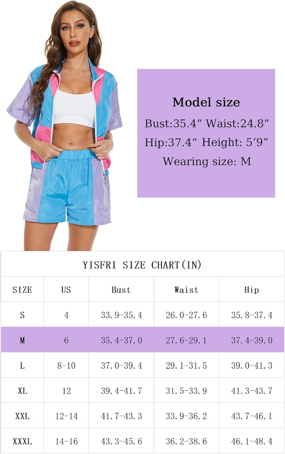 Yisfri Womens Color Block Windbreaker 2 Piece Outfits Short Sleeve Zip Front Elastic Waist Tracksuit Set · v2