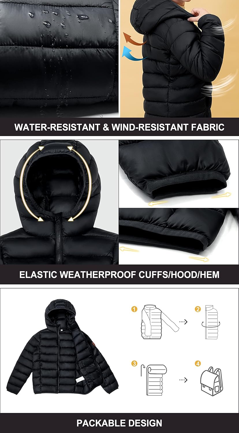 SOLOCOTE Boys Winter Coats Lightweight Water-Resistant Windproof Packable Hooded Down Like Padding Jacket 4-12 Years