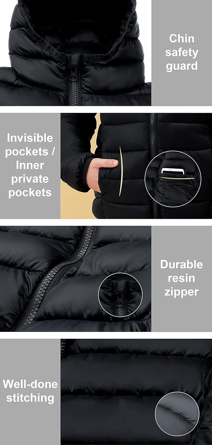 SOLOCOTE Boys Winter Coats Lightweight Water-Resistant Windproof Packable Hooded Down Like Padding Jacket 4-12 Years