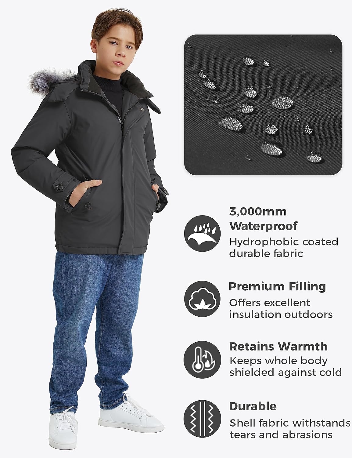 wantdo Boys Winter Coat Waterproof Puffer Jacket Fleeced-lined Parka Hooded