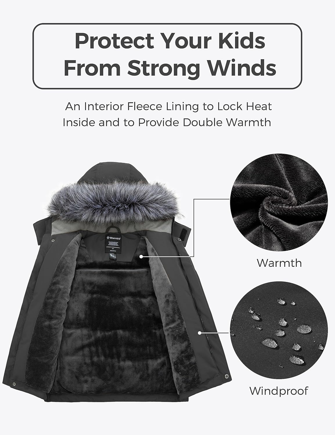 wantdo Boys Winter Coat Waterproof Puffer Jacket Fleeced-lined Parka Hooded