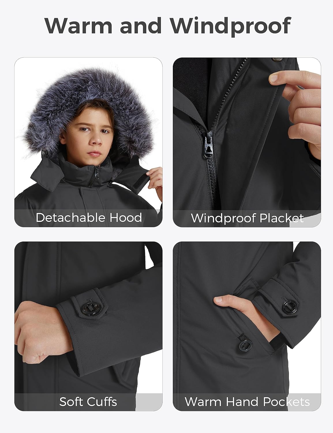 wantdo Boys Winter Coat Waterproof Puffer Jacket Fleeced-lined Parka Hooded