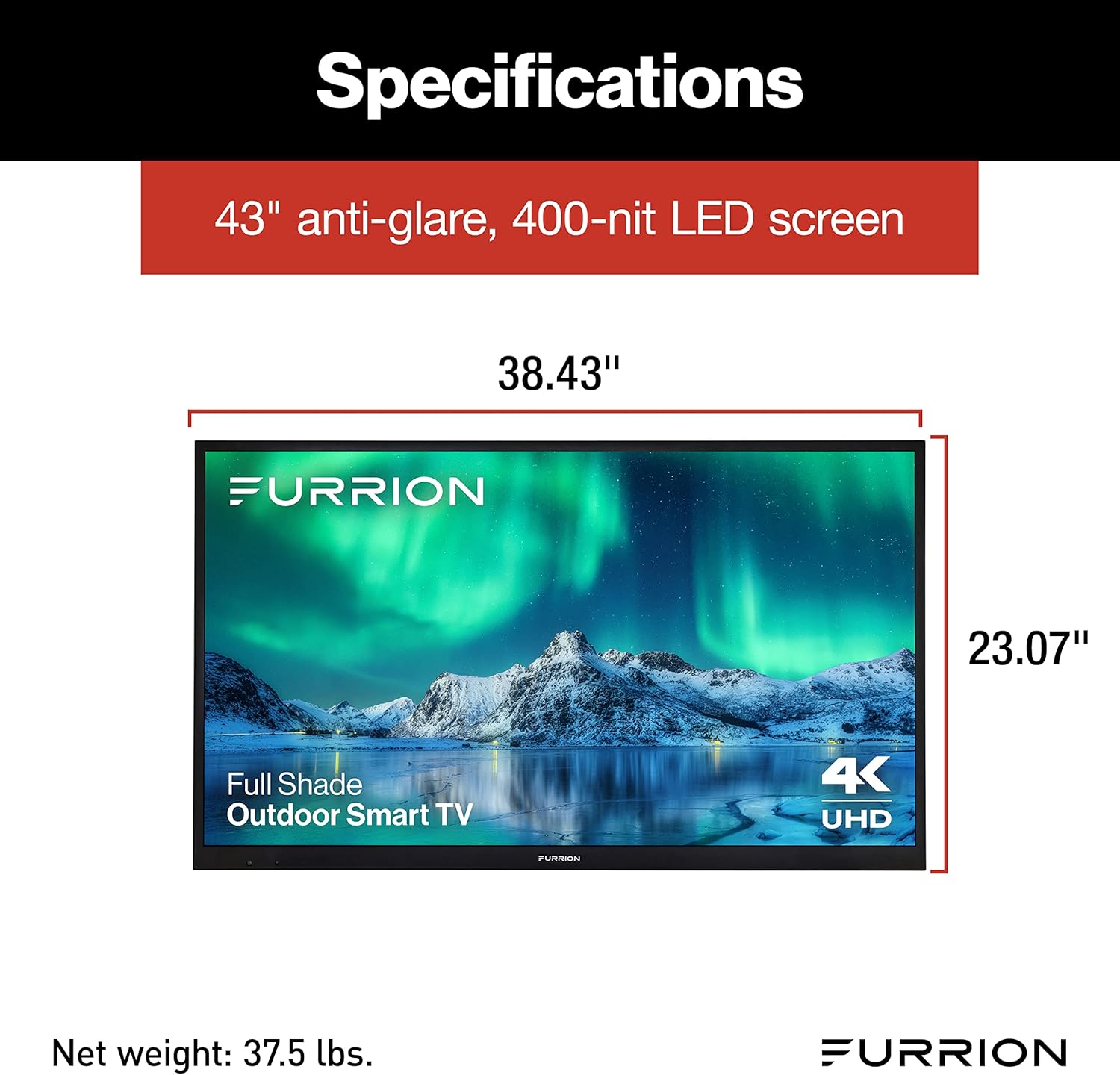 Televisor inteligente Furrion Aurora de 43 pulgadas con LED 4K con pantalla completa, televisor exterior resistente a la intemperie con HDR10, antideslumbrante, pantalla LED de 400 nits, pantalla resistente a los impactos, antena externa para áreas exteriores con sombra