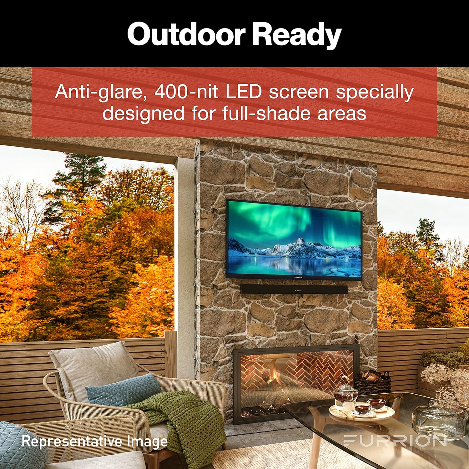 Televisor inteligente Furrion Aurora de 43 pulgadas con LED 4K con pantalla completa, televisor exterior resistente a la intemperie con HDR10, antideslumbrante, pantalla LED de 400 nits, pantalla resistente a los impactos, antena externa para áreas exteriores con sombra