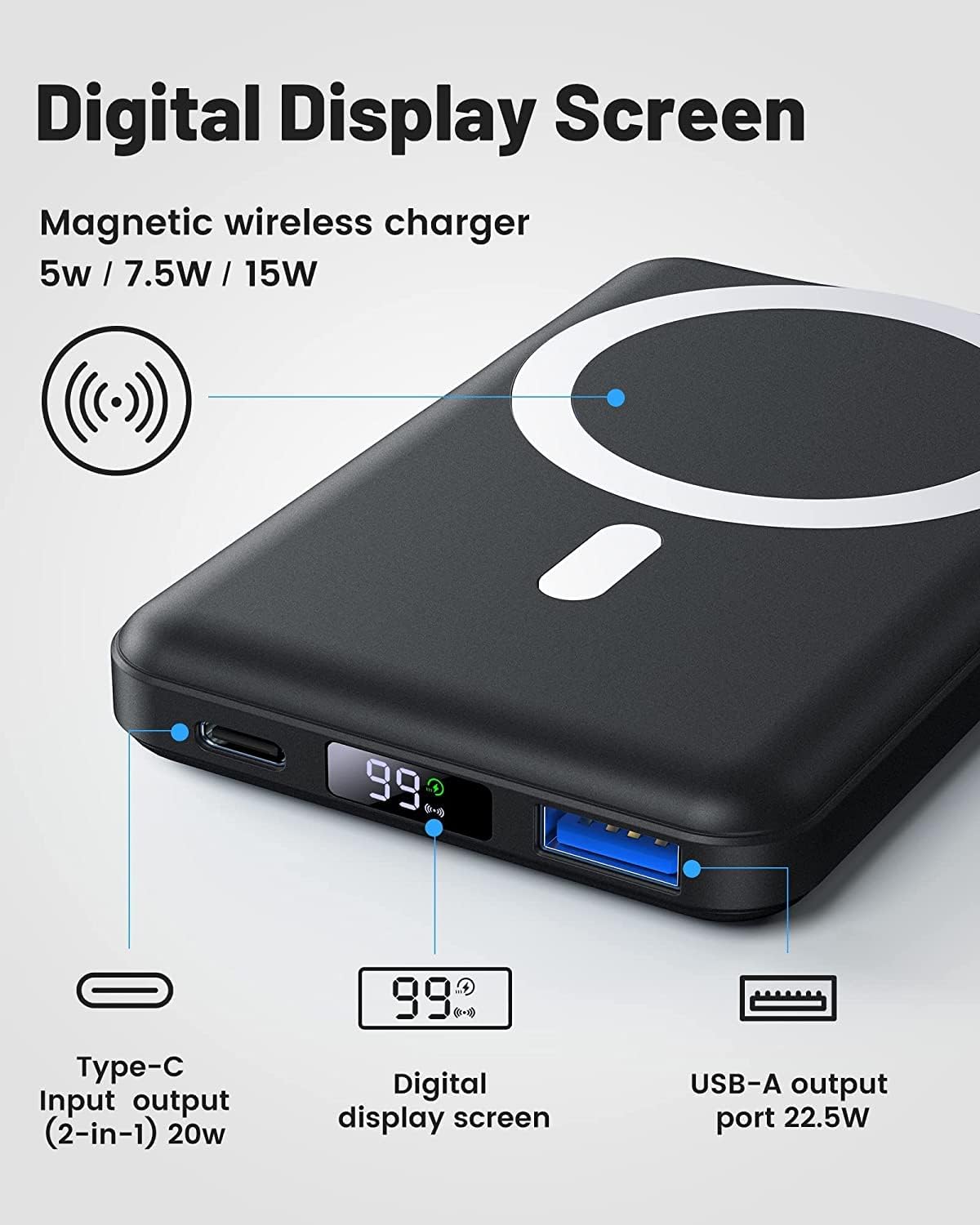 Yiisonger Wireless Power Bank, Slim 10000mAh Magnetic Portable Charger 22.5W PD Fast Charging, Mini Battery Pack QC3.0 LED Display Compatible with iPhone 16/15/14/13/12 Pro/Mini/Pro Max(Black) · v2