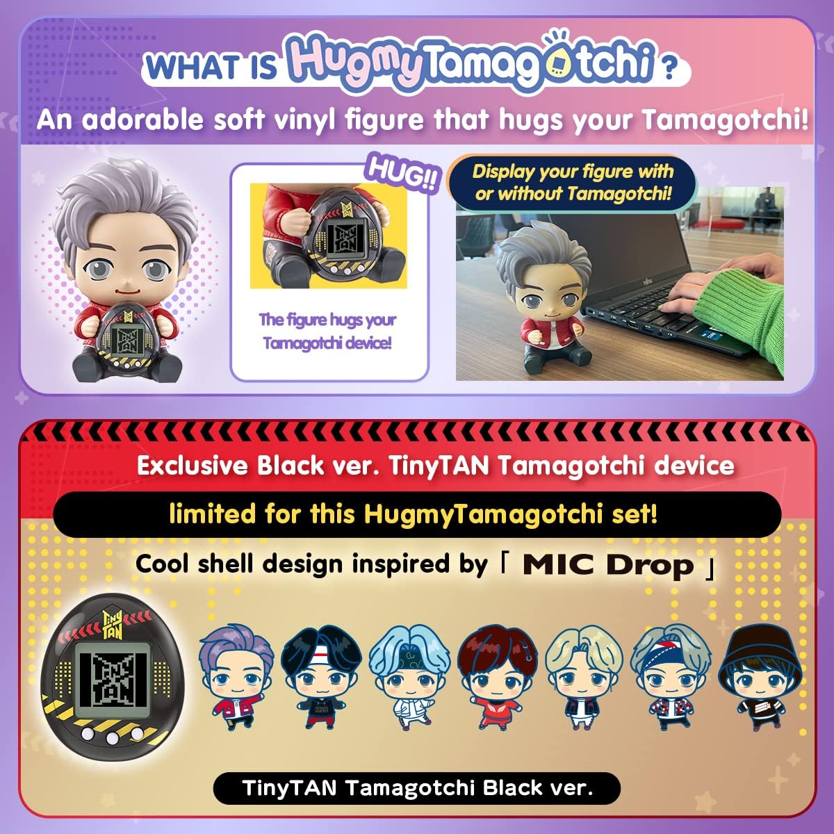 Tamagotchi Nano x TinyTan — Jungkook ver., Hugmy Tamagotchi Vinylfigur und Tamagotchi Nano Electronic Pet