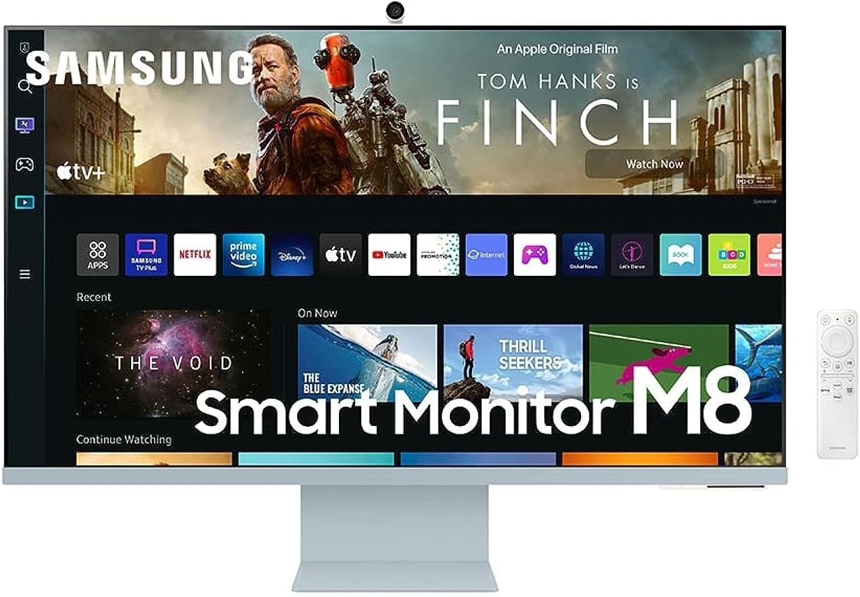 Samsung M8 Series 32-Inch 4K UHD Smart Monitor  Streaming TV with Slim-fit Webcam for PC-less Experience, Netflix, HBO, Prime VOD, amp; more, Apple Airplay, WiFI, BT, Built-in Speakers, 2022, Blue