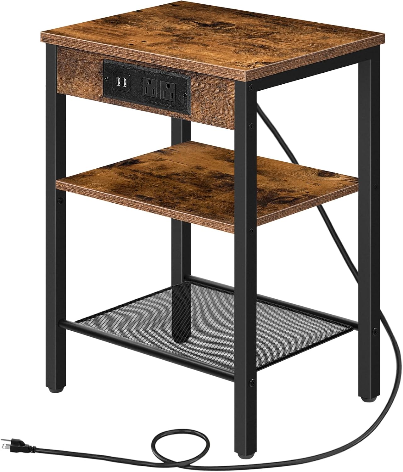 HOOBRO End Table with Charging Station and USB Ports, 3-Tier Nightstand with Adjustable Shelf, Small Side Table for Small Space in Living Room, Bedroom and Balcony, Rustic Brown BF112BZ01