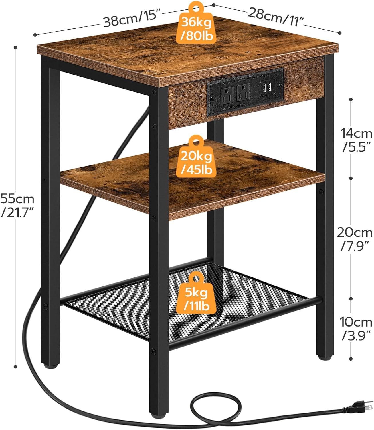 HOOBRO End Table with Charging Station and USB Ports, 3-Tier Nightstand with Adjustable Shelf, Small Side Table for Small Space in Living Room, Bedroom and Balcony, Rustic Brown BF112BZ01