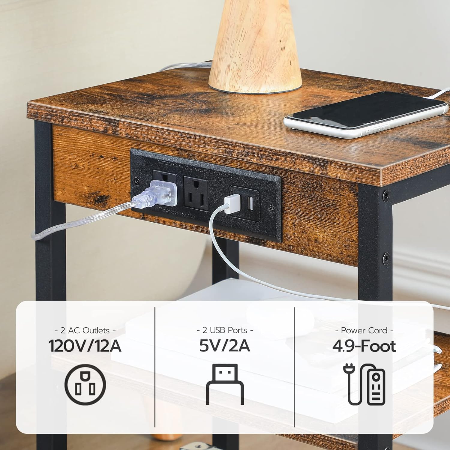 HOOBRO End Table with Charging Station and USB Ports, 3-Tier Nightstand with Adjustable Shelf, Small Side Table for Small Space in Living Room, Bedroom and Balcony, Rustic Brown BF112BZ01