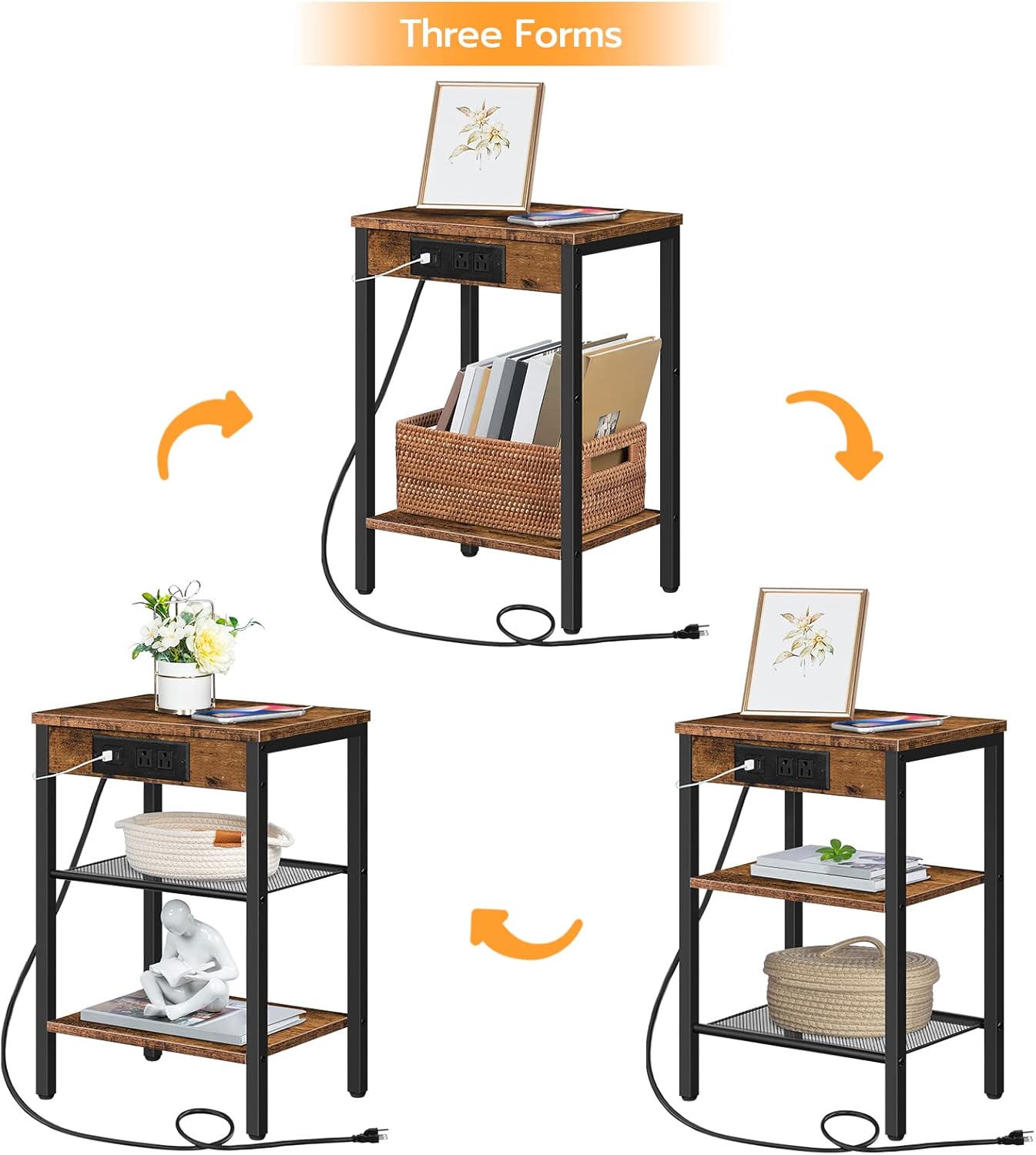 HOOBRO End Table with Charging Station and USB Ports, 3-Tier Nightstand with Adjustable Shelf, Small Side Table for Small Space in Living Room, Bedroom and Balcony, Rustic Brown BF112BZ01