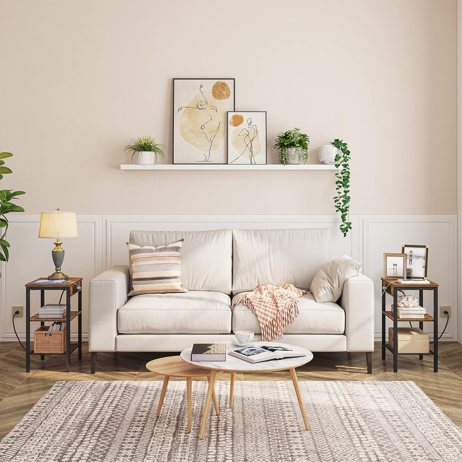HOOBRO End Table with Charging Station and USB Ports, 3-Tier Nightstand with Adjustable Shelf, Small Side Table for Small Space in Living Room, Bedroom and Balcony, Rustic Brown BF112BZ01