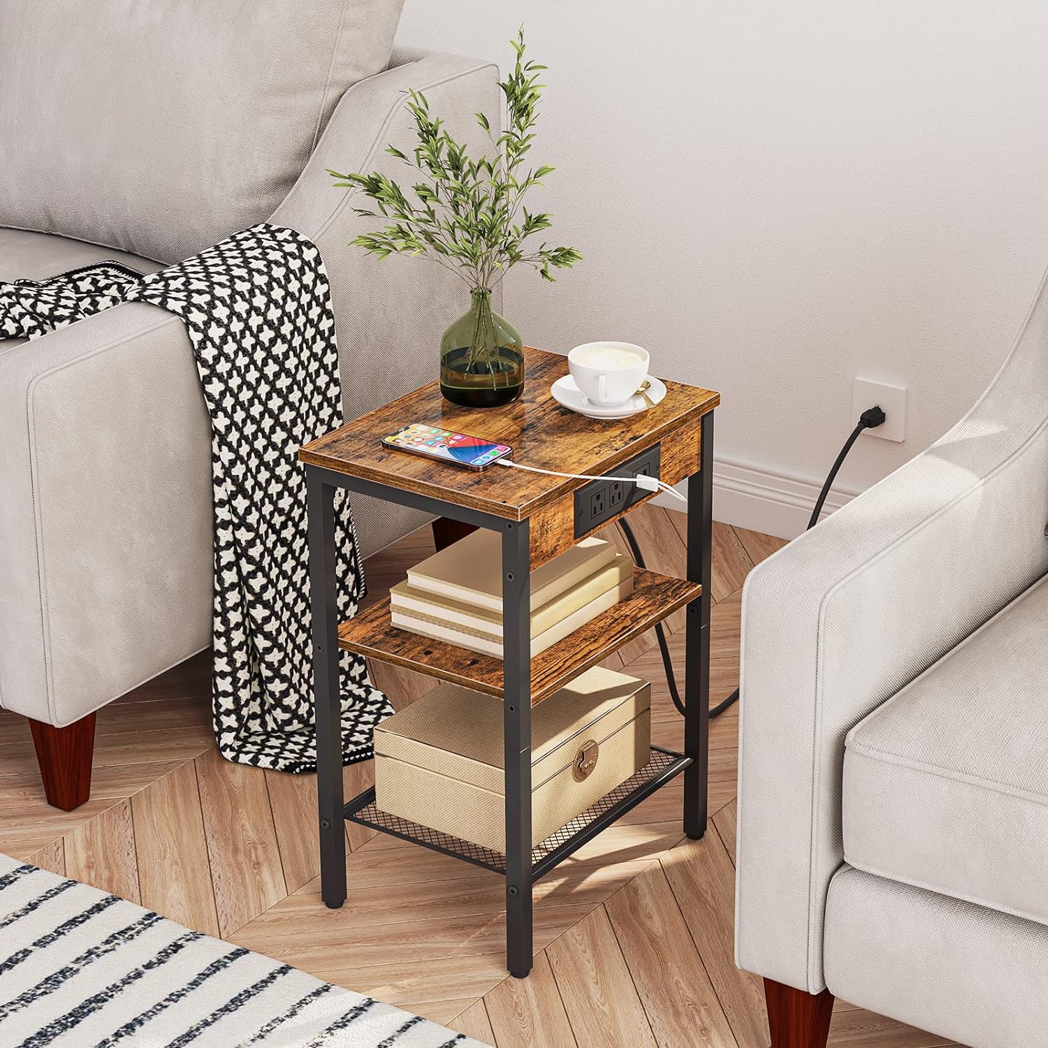 HOOBRO End Table with Charging Station and USB Ports, 3-Tier Nightstand with Adjustable Shelf, Small Side Table for Small Space in Living Room, Bedroom and Balcony, Rustic Brown BF112BZ01