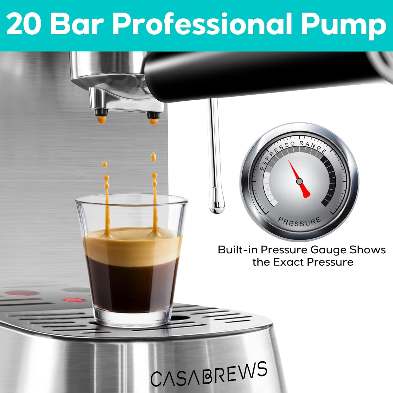 CASABREWS Espresso Machine 20 Bar, Professional Espresso Maker with Milk Frother Steam Wand, Compact Espresso Coffee Machine with 34oz Removable Water Tank for Cappuccino, Latte, Silver · v2