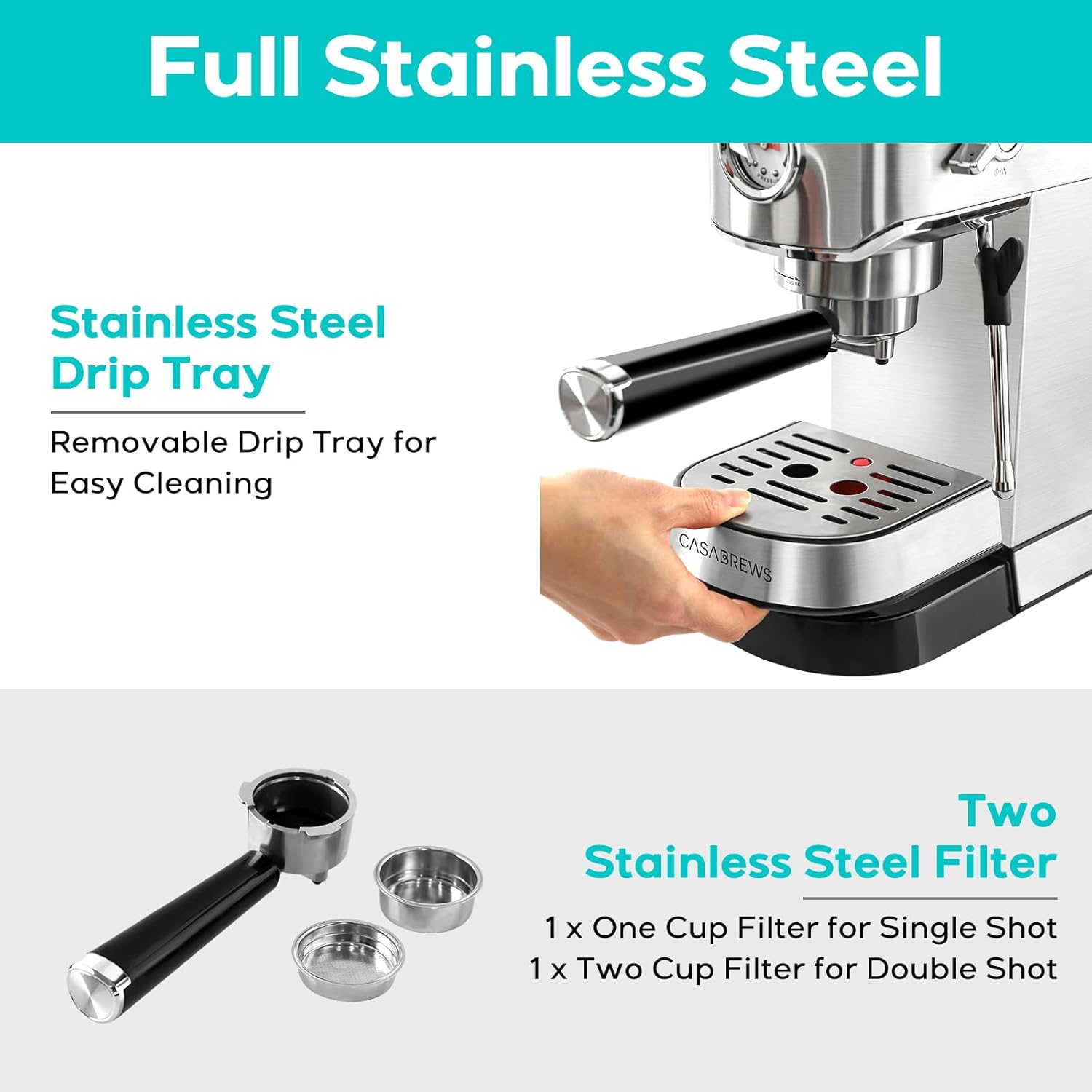 CASABREWS Espresso Machine 20 Bar, Professional Espresso Maker with Milk Frother Steam Wand, Compact Espresso Coffee Machine with 34oz Removable Water Tank for Cappuccino, Latte, Silver · v2
