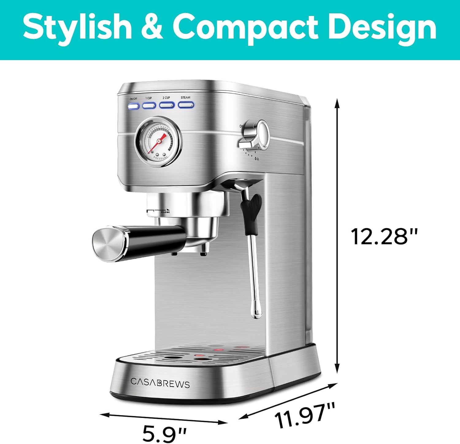 CASABREWS Espresso Machine 20 Bar, Professional Espresso Maker with Milk Frother Steam Wand, Compact Espresso Coffee Machine with 34oz Removable Water Tank for Cappuccino, Latte, Silver · v2