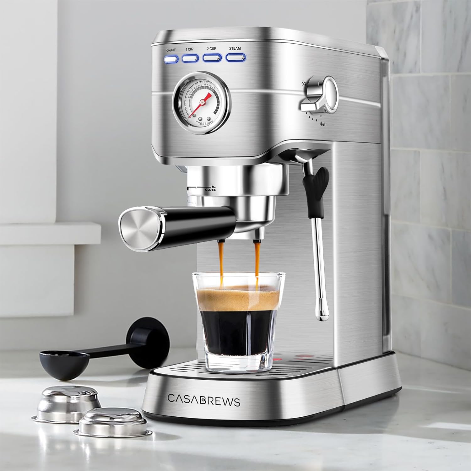 CASABREWS Espresso Machine 20 Bar, Professional Espresso Maker with Milk Frother Steam Wand, Compact Espresso Coffee Machine with 34oz Removable Water Tank for Cappuccino, Latte, Silver · v2