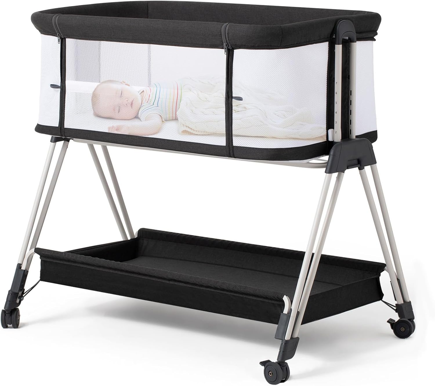 바퀴와 수납 트레이가 있는 Fodoss Baby Bassinet 침대 옆 침대, 유아/신생아용 4면 메쉬 침대 옆 침대, 높이 7 조절이 가능한 간편 접이식 침대 옆 침대