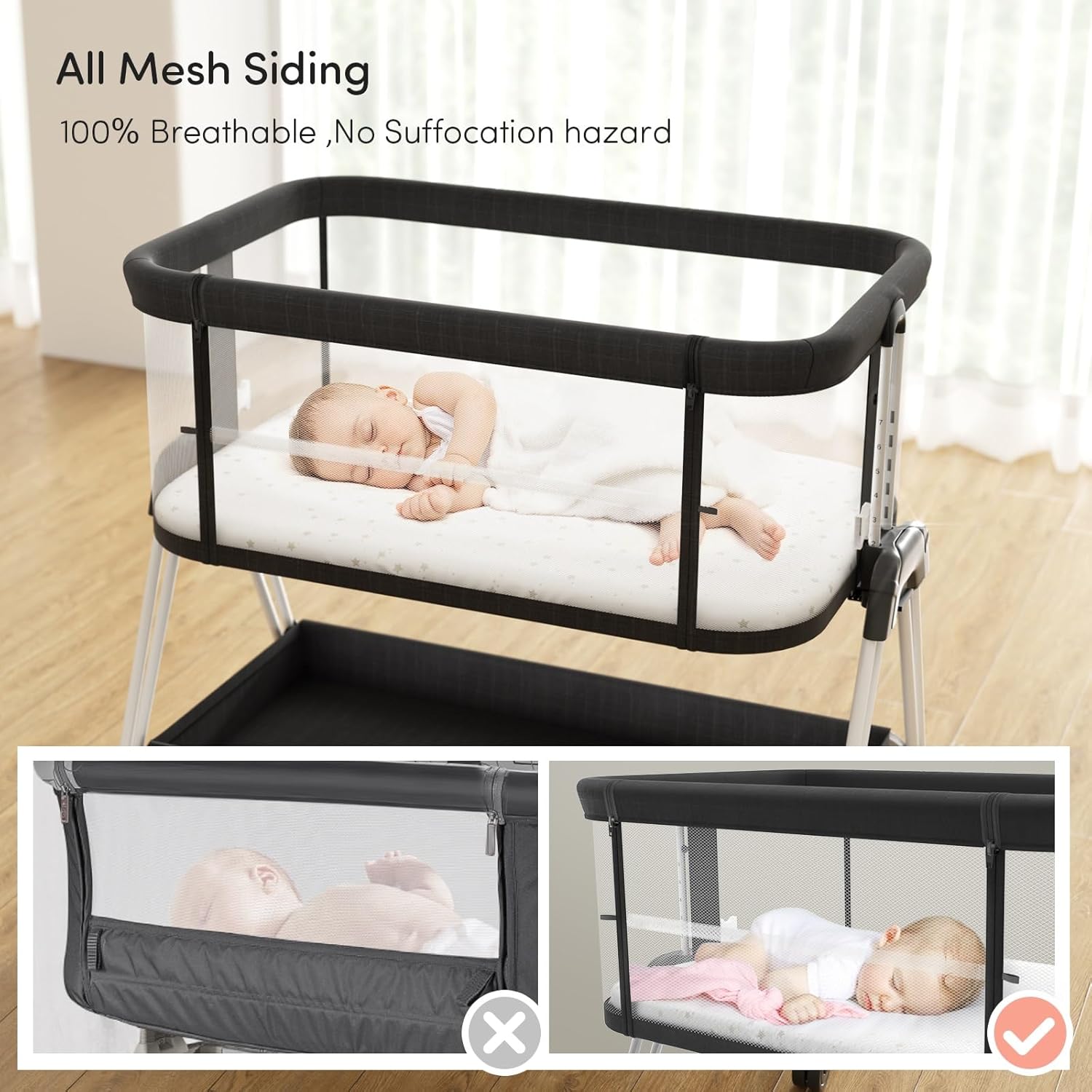 바퀴와 수납 트레이가 있는 Fodoss Baby Bassinet 침대 옆 침대, 유아/신생아용 4면 메쉬 침대 옆 침대, 높이 7 조절이 가능한 간편 접이식 침대 옆 침대