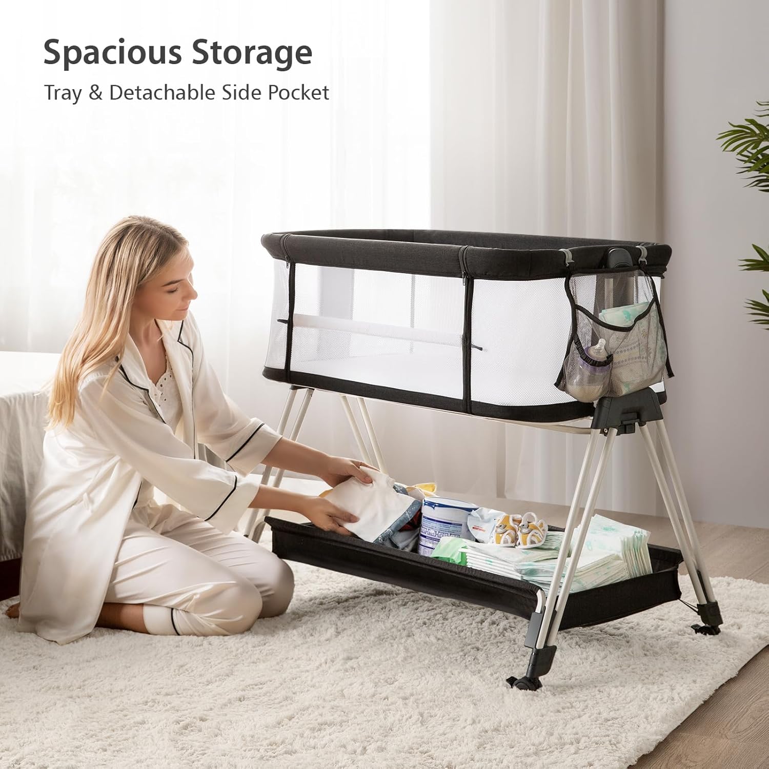 바퀴와 수납 트레이가 있는 Fodoss Baby Bassinet 침대 옆 침대, 유아/신생아용 4면 메쉬 침대 옆 침대, 높이 7 조절이 가능한 간편 접이식 침대 옆 침대