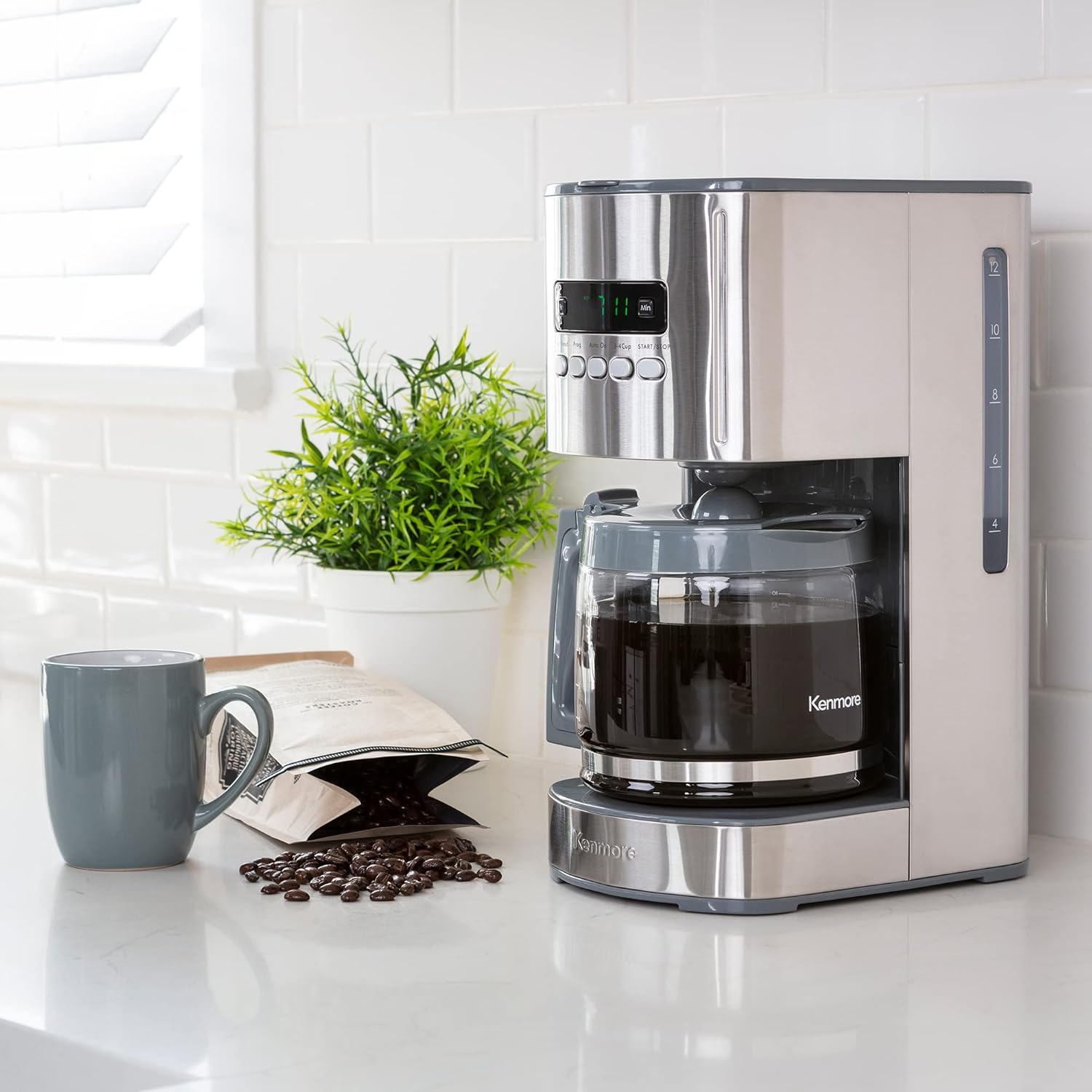 Kenmore Kahve Makinesi 12 fincan Damla Kahve Makinesi Yeniden Kullanılabilir Filtre Programlanabilir Zamanlayıcı Dijital Ekran Aroma Kontrolü Cam Sürahi Kömür Su Filtresi Normal Kalın Paslanmaz Çelik