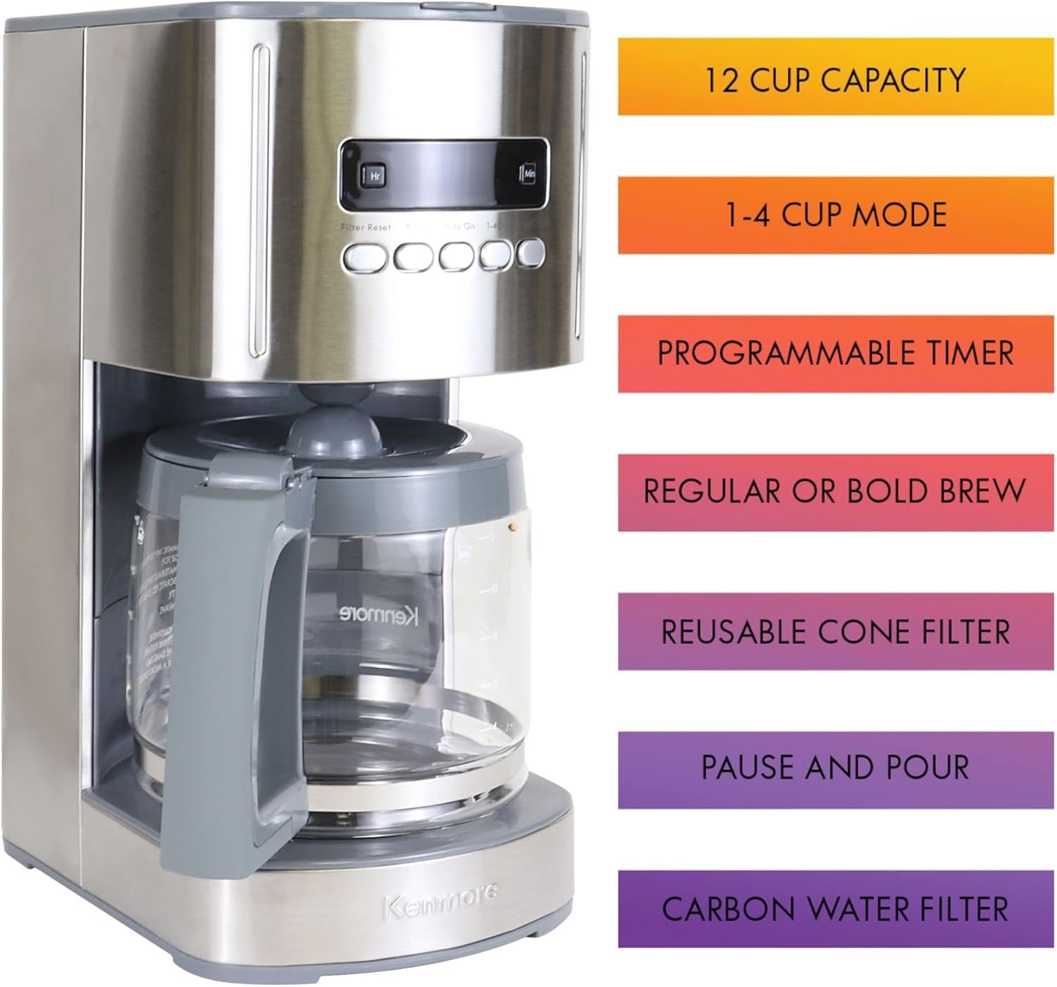 Kenmore Kahve Makinesi 12 fincan Damla Kahve Makinesi Yeniden Kullanılabilir Filtre Programlanabilir Zamanlayıcı Dijital Ekran Aroma Kontrolü Cam Sürahi Kömür Su Filtresi Normal Kalın Paslanmaz Çelik